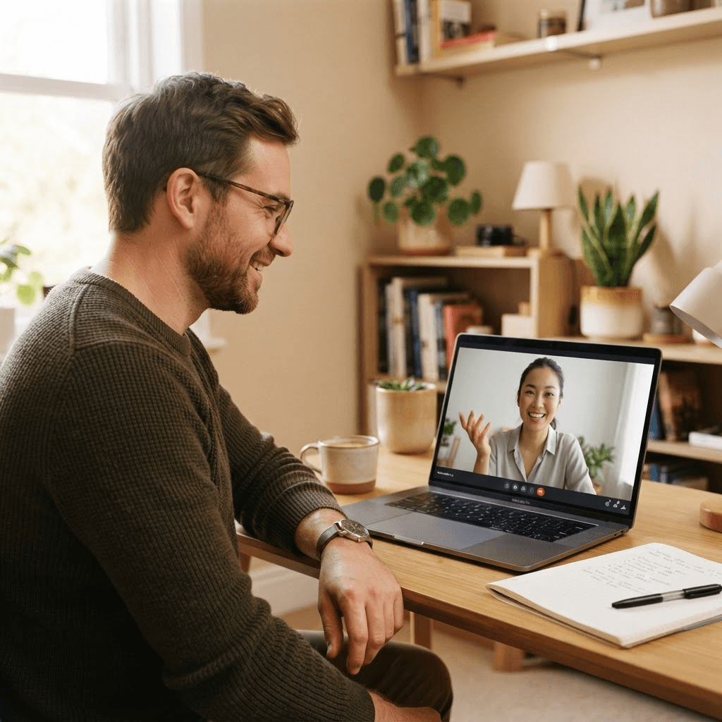 Un homme échange en visioconférence sur son ordinateur portable avec une femme asiatique visible à l'écran